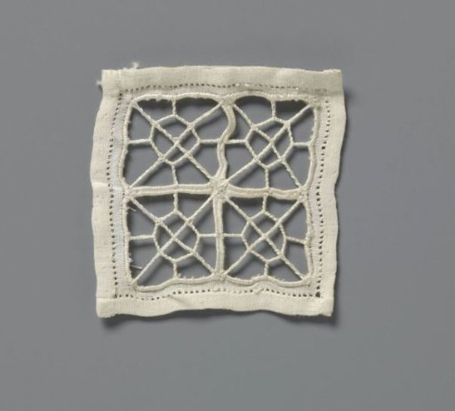 Doily of needle lace with geometric motif with four squares