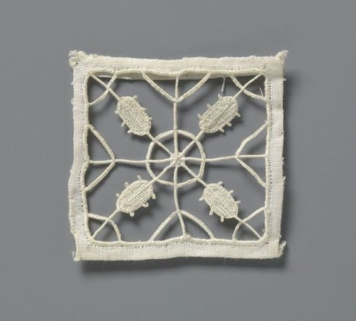 Small piece of needle lace with geometric motif and four leaves