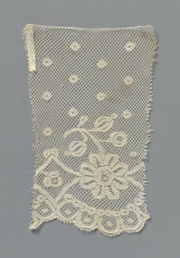 Strip of bobbin lace with hanging rosette flower between diamonds