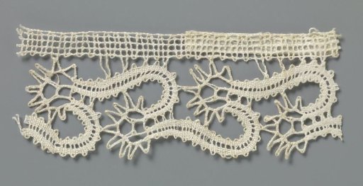 Strip of bobbin lace with stars between J-shaped ribbons