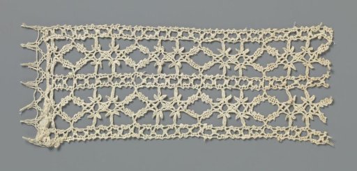 Strip of bobbin lace with a reticella pattern of squares and stars