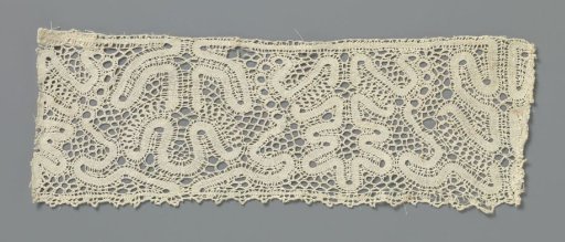 Strip of bobbin lace with stylized symmetrical flowers
