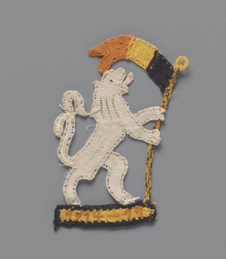 Motif of coloured bobbin lace with the Lion of Flanders
