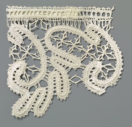 Strip of bobbin lace with winding ribbon in large curves and narrow lobes