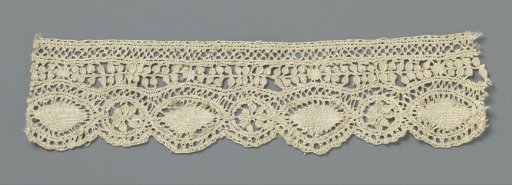Strip of bobbin lace with pointed oval and flower in circle under a line with leaves on both sides