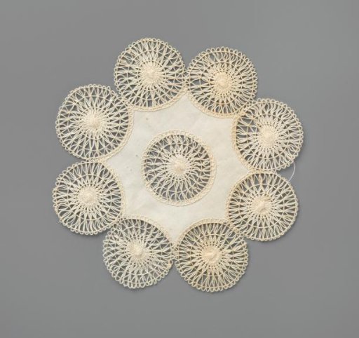 Round Linen Cloth with Sunbursts of Needlepoint Lace in the Center and Along the Edges