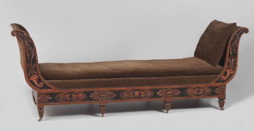 Sofa of mahogany veneer on oak, upholstered and painted in the Etruscan style