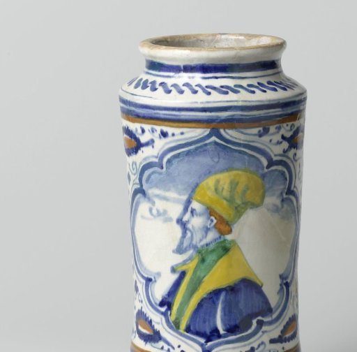 Albarello, multicolored painted with two cartouches containing a male portrait; one with cap and beard, the other with a sharp profile.