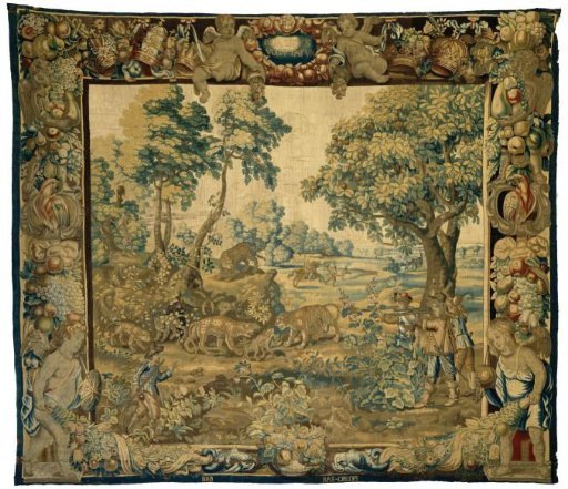 Landscape verdure with tiger, panthers and hunting scenes