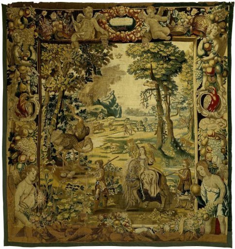 Landscape verdure with ostriches and hunting scenes