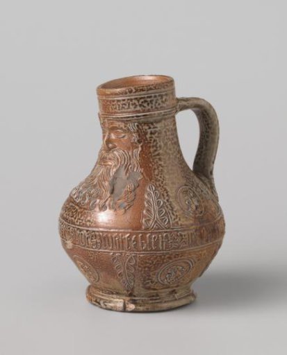 Jug (Bartmann jug) with portraits, leaves and an inscription