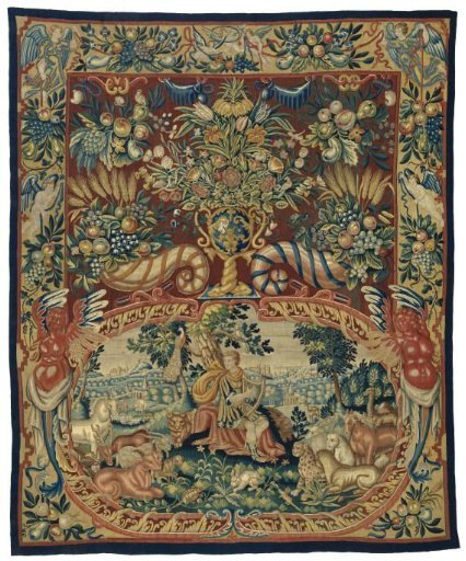 Orpheus with the animals, in a cartouche and a decoration with flower vase and horns of plenty
