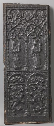 Stove tile with two depictions of Mary with Child and two lions