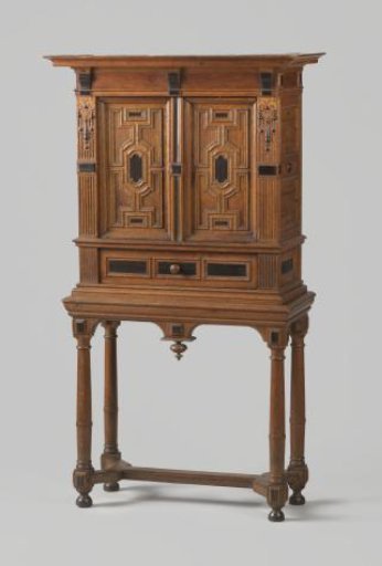 Table Cabinet with Cornice Decoration in the Doors and Mirror Panels in the Drawers. Legs in the Form of Tuscan Columns