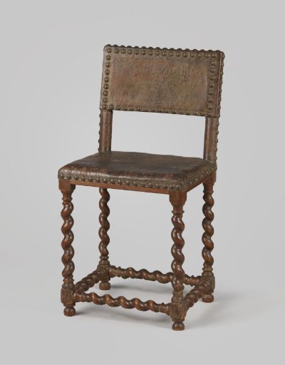 Armchair with Splayed Legs and Spindles; Back and Seat Upholstered in Leather