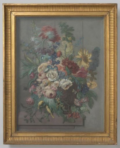 Vase with flowers and fruits