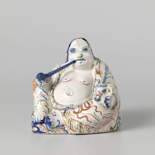 Portly figure with a pipe in the mouth and a jug in the hand, (in another hand) representing Hotei