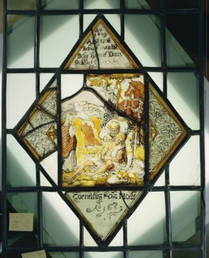Window with the Good Samaritan helping the wounded with inscription "Corneilus van Hoeff Ao 1609"