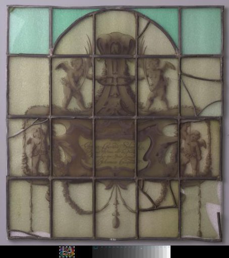 Pane with angels and in cartouche "Joost Gerard Scher(ke)..."