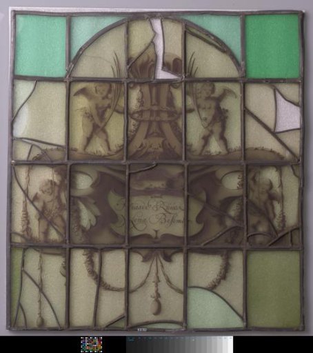 Pane with cartouche with cherubs and inscription "Lias Ruuck, Lena Besemer"