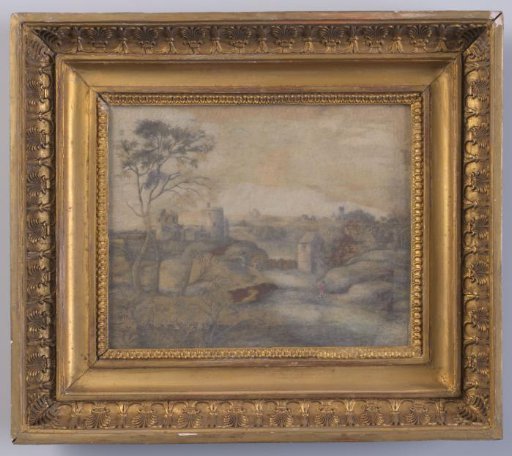 Embroidered tableau of wool on silk.