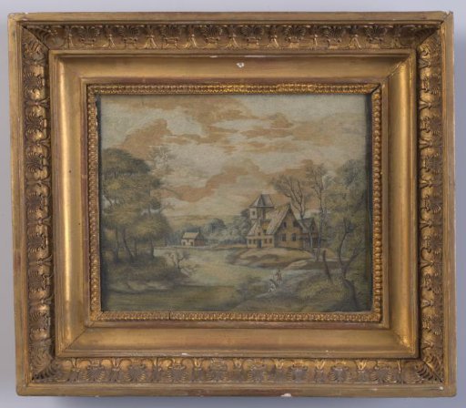 Embroidered tableau of wool on silk.
