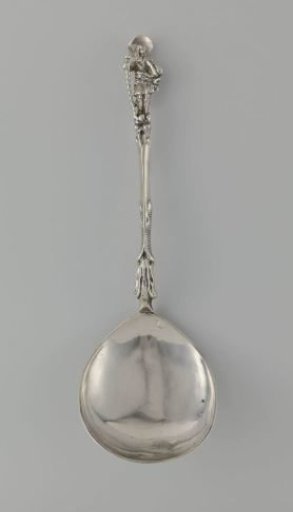 Spoon with pear-shaped bowl and stem surmounted by a man with hat and walking stick