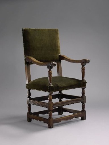 Armchair upholstered in velvet, decorated with braided bands, dentils, acanthus leaves, and rosettes