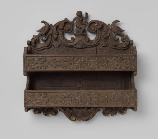 Pipe box or candle box with two drawers, surmounted by a Bacchus and two birds among floral ornamentation