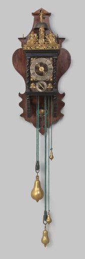 Hanging clock with profiled foot and cornice and swagged corner stiles, on a vase-shaped leaf