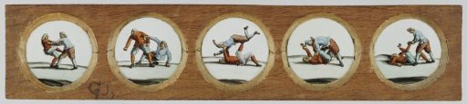 Five depictions of two wrestling men
