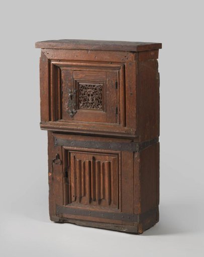 Cabinet with Openwork Upper Door Featuring a Double-Crowned Eagle Between Fruit Vines; Lower Door with Letter Panel. Interior with Fourteen Large and Small Drawers