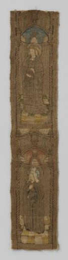 Fragment of a chasuble with an embroidered depiction of Mary Magdalene and Saint Lucy