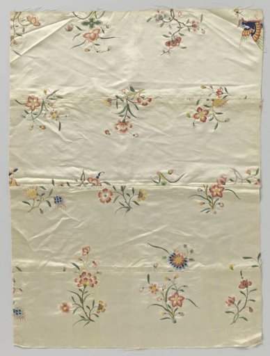 Fragment of four sewn-together strips of light silk with embroidered flower branches