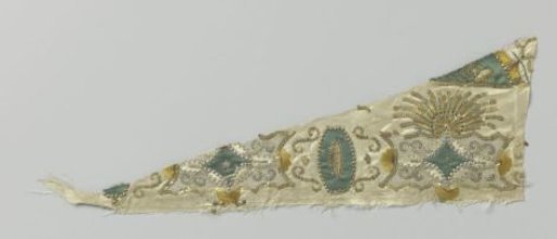 Fragment of light silk with embroidered partially twisted stripes, semicircles, rectangles with scalloped edges, elegant flowers and rays