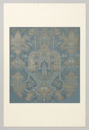 Fragment of Blue and Silver-Colored Silk Weaving with Chinoiserie Motif of Temples and Bouquets in Vases and Bowls