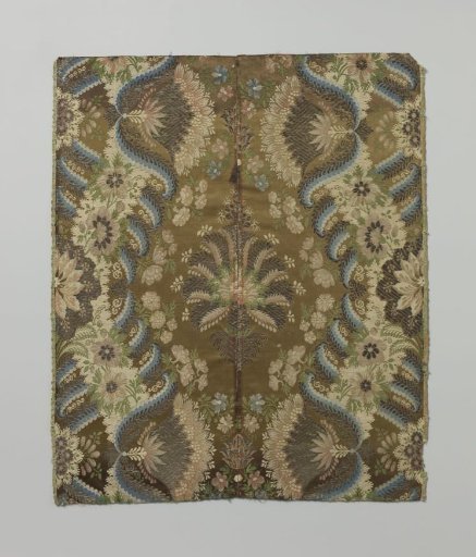 Fragment of Dark Brown, White, and Green Silk Lampas with a Multicolored Pattern of Pomegranates in Bouquet Form with Various Flowers in Diamond Shapes Around Them