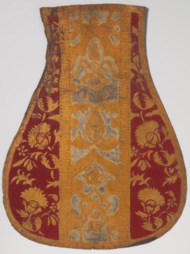 Fragment of gold and silver leather with ground as red-shorn velvet