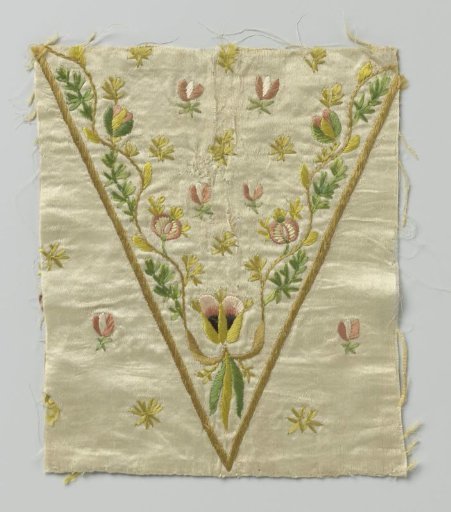 Fragment of Yellow Silk Weaving with Multicolored Embroidery