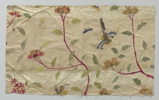 Fragment of silk with multicolored embroidery in silk