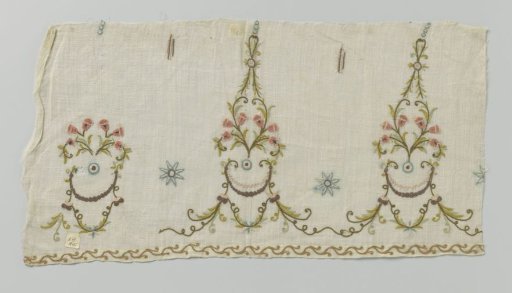 Fragment of white silk fabric with multicolored embroidery