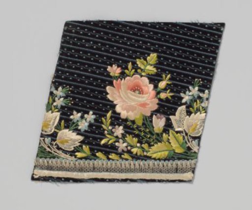 Fragment of dark velvet with multicolored embroidery