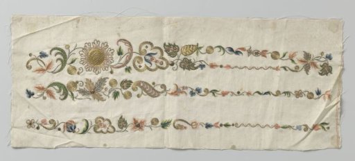 Fragment of white silk fabric with multicolored embroidery