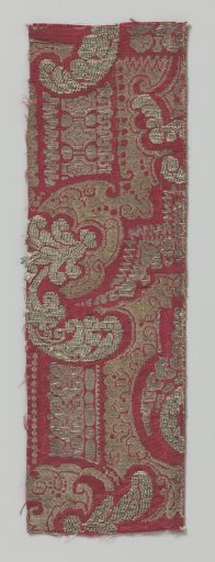 Fragment of red silk with pattern in gold and silver thread