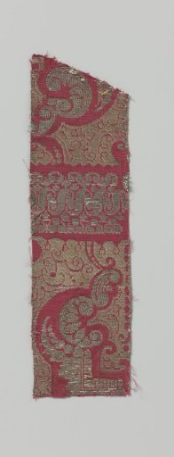 Fragment of red silk with pattern in gold and silver thread