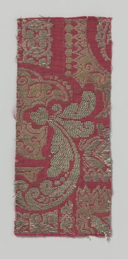 Fragment of red silk with pattern in gold and silver thread