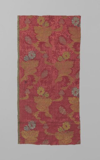 Damask, fragment, of red satin with flowers of green, yellow, blue, purple and white silk