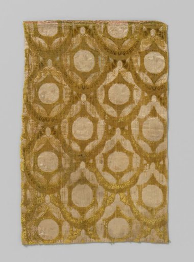 Fragment of white satin, medallions with landscape