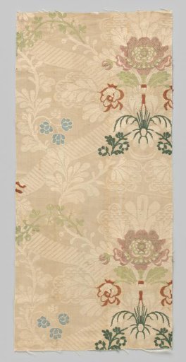 Fragment of white silk damask with colored flowers