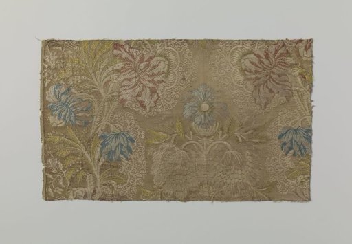 Fragment of multicolored, complex silk fabric